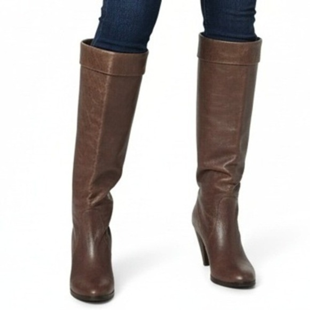 KORS Michael Kors Brown Leather Knee High Boots Heel Fold Over Cuff 70S